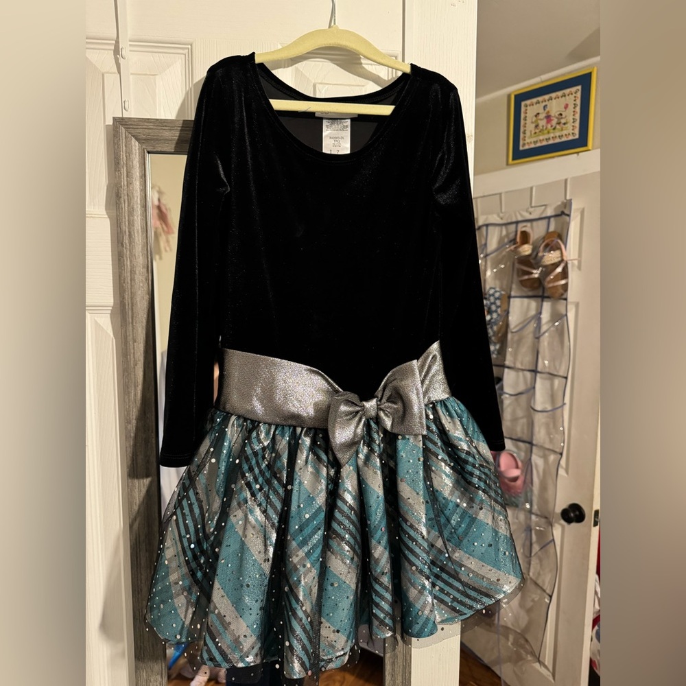 Bonnie Jean Black Velvet and Plaid Dress Size 7